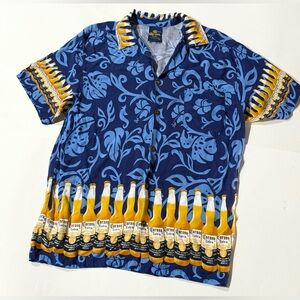 Corona Beer Hawaiian Shirt Mens XL Blue Button Up Tropical Beach Vacation Rayon